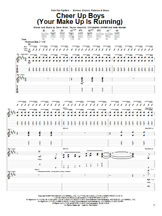 Download Foo Fighters Cheer Up Boys (Your Make Up Is Running) Sheet Music and learn how to play Guitar Tab PDF digital score in minutes