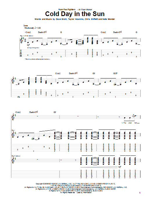 Download Foo Fighters Cold Day In The Sun Sheet Music and learn how to play Guitar Tab PDF digital score in minutes