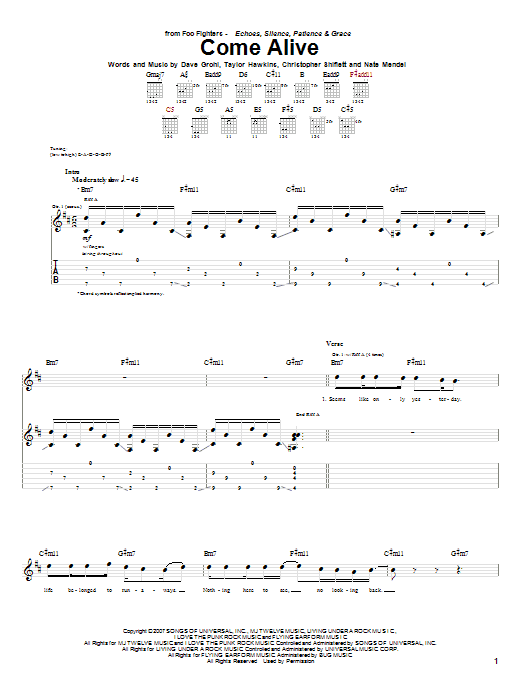 Download Foo Fighters Come Alive Sheet Music and learn how to play Guitar Tab PDF digital score in minutes
