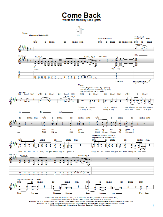 Download Foo Fighters Come Back Sheet Music and learn how to play Guitar Tab PDF digital score in minutes