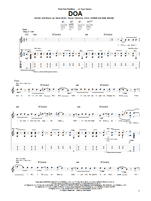 Download Foo Fighters DOA Sheet Music and learn how to play Guitar Tab PDF digital score in minutes