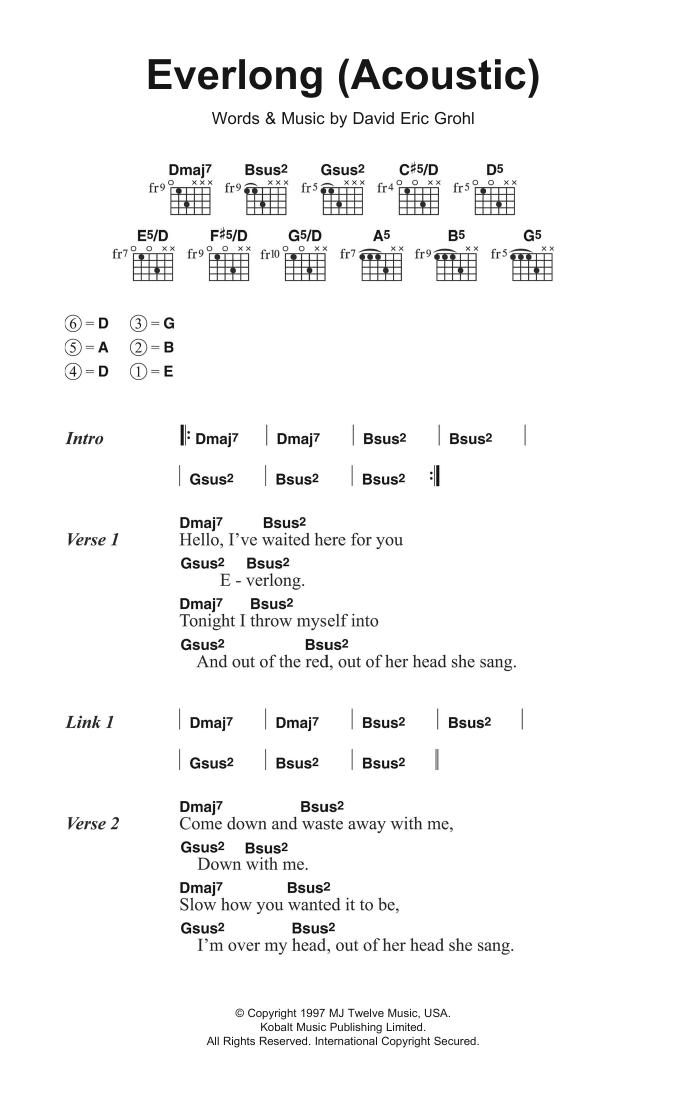 Download Foo Fighters Everlong Sheet Music and learn how to play Lyrics & Chords PDF digital score in minutes