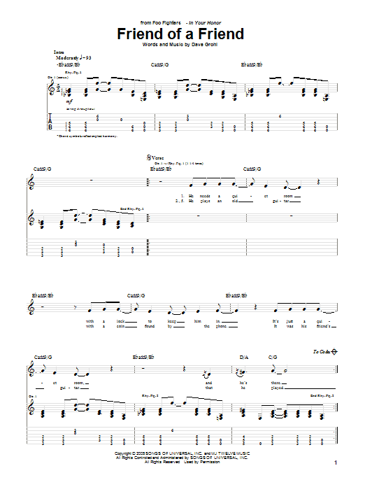 Download Foo Fighters Friend Of A Friend Sheet Music and learn how to play Guitar Tab PDF digital score in minutes
