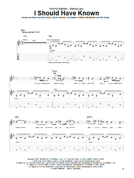 Download Foo Fighters I Should Have Known Sheet Music and learn how to play Guitar Tab PDF digital score in minutes