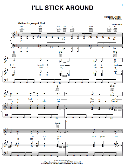 Download Foo Fighters I'll Stick Around Sheet Music and learn how to play Piano, Vocal & Guitar (Right-Hand Melody) PDF digital score in minutes