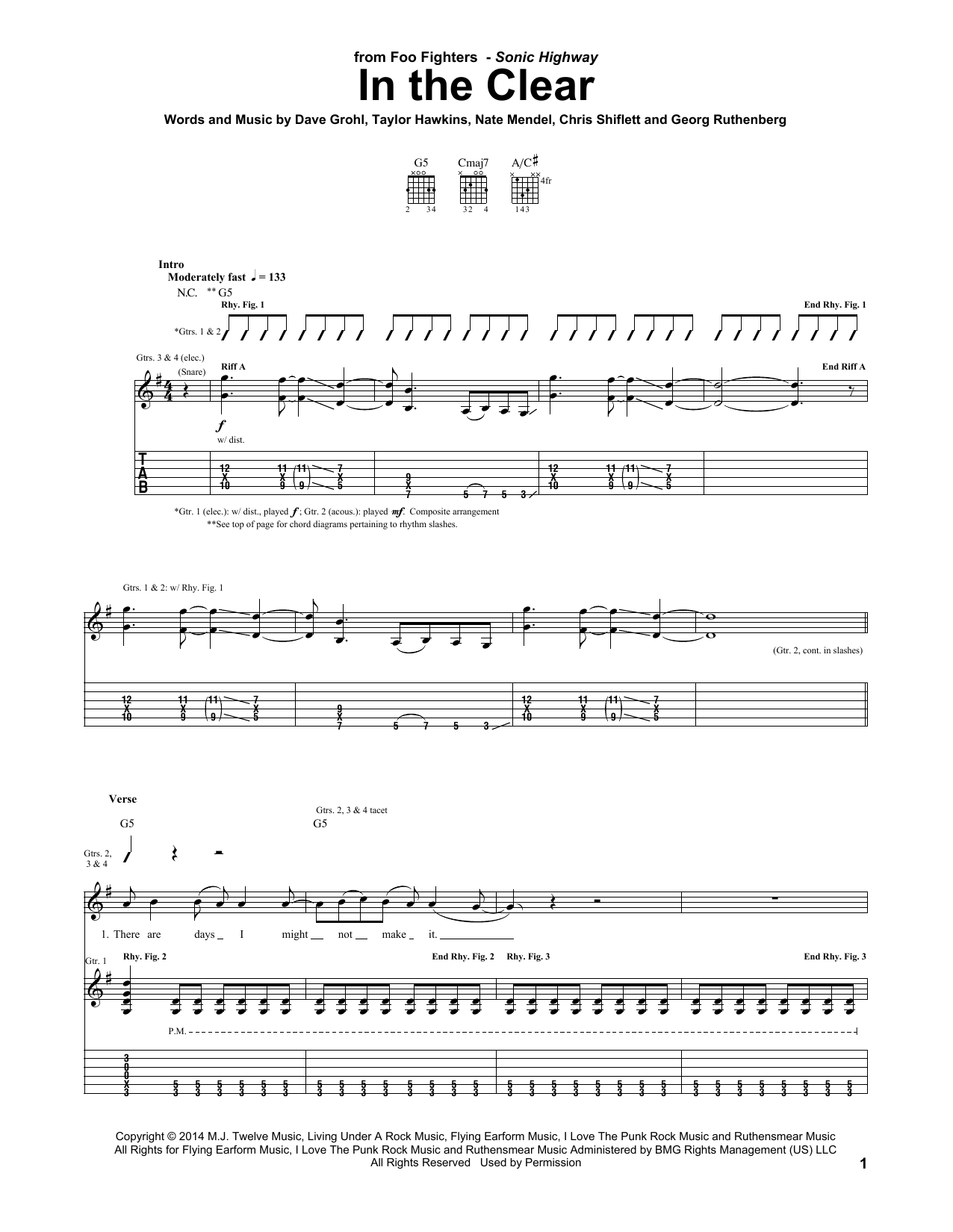 Download Foo Fighters In The Clear Sheet Music and learn how to play Guitar Tab PDF digital score in minutes