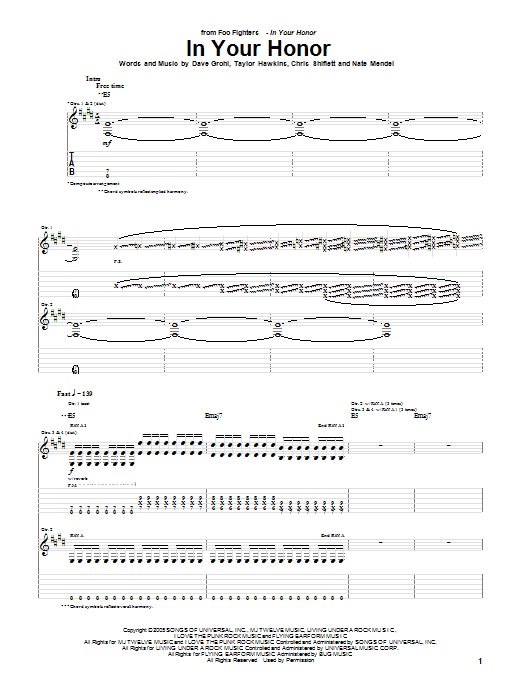 Download Foo Fighters In Your Honor Sheet Music and learn how to play Guitar Tab PDF digital score in minutes