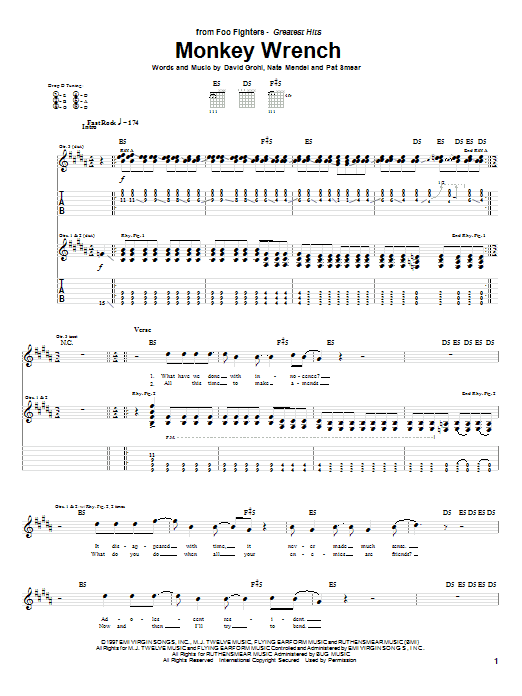 Download Foo Fighters Monkey Wrench Sheet Music and learn how to play Guitar Lead Sheet PDF digital score in minutes