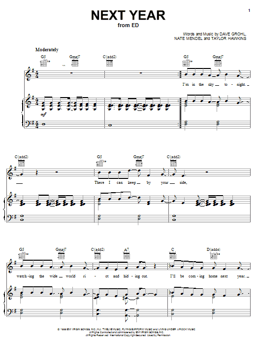 Download Foo Fighters Next Year Sheet Music and learn how to play Piano, Vocal & Guitar (Right-Hand Melody) PDF digital score in minutes