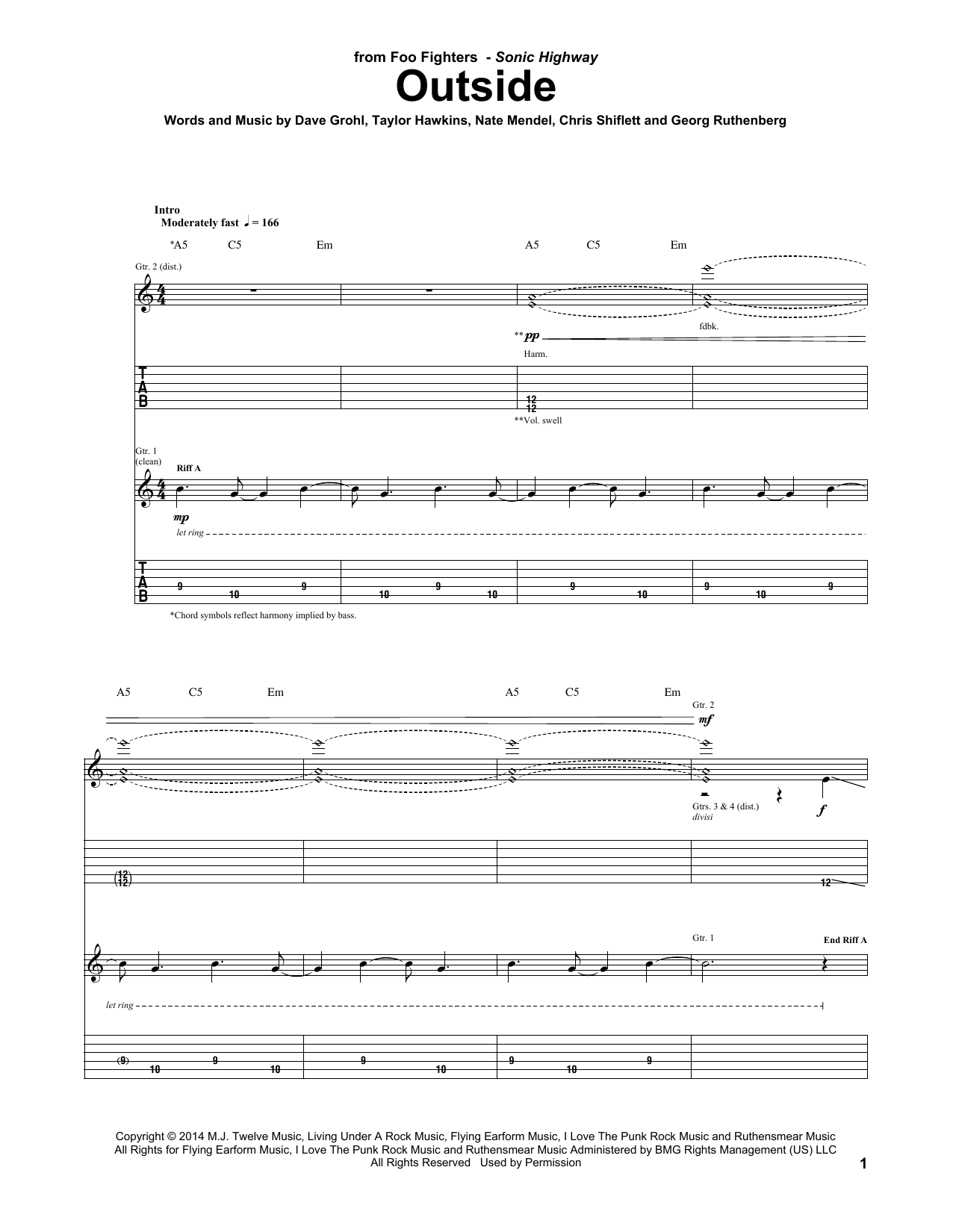 Download Foo Fighters Outside Sheet Music and learn how to play Guitar Tab PDF digital score in minutes