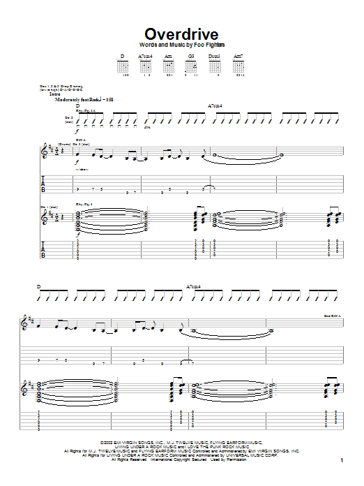 Download Foo Fighters Overdrive Sheet Music and learn how to play Guitar Tab PDF digital score in minutes