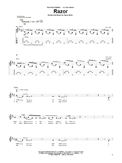 Download Foo Fighters Razor Sheet Music and learn how to play Guitar Tab PDF digital score in minutes
