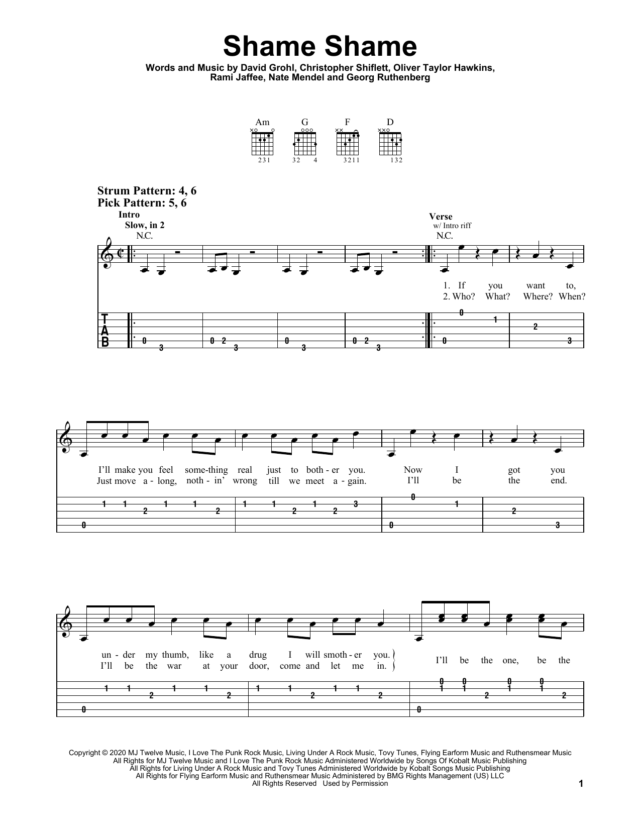 Download Foo Fighters Shame Shame Sheet Music and learn how to play Easy Guitar Tab PDF digital score in minutes