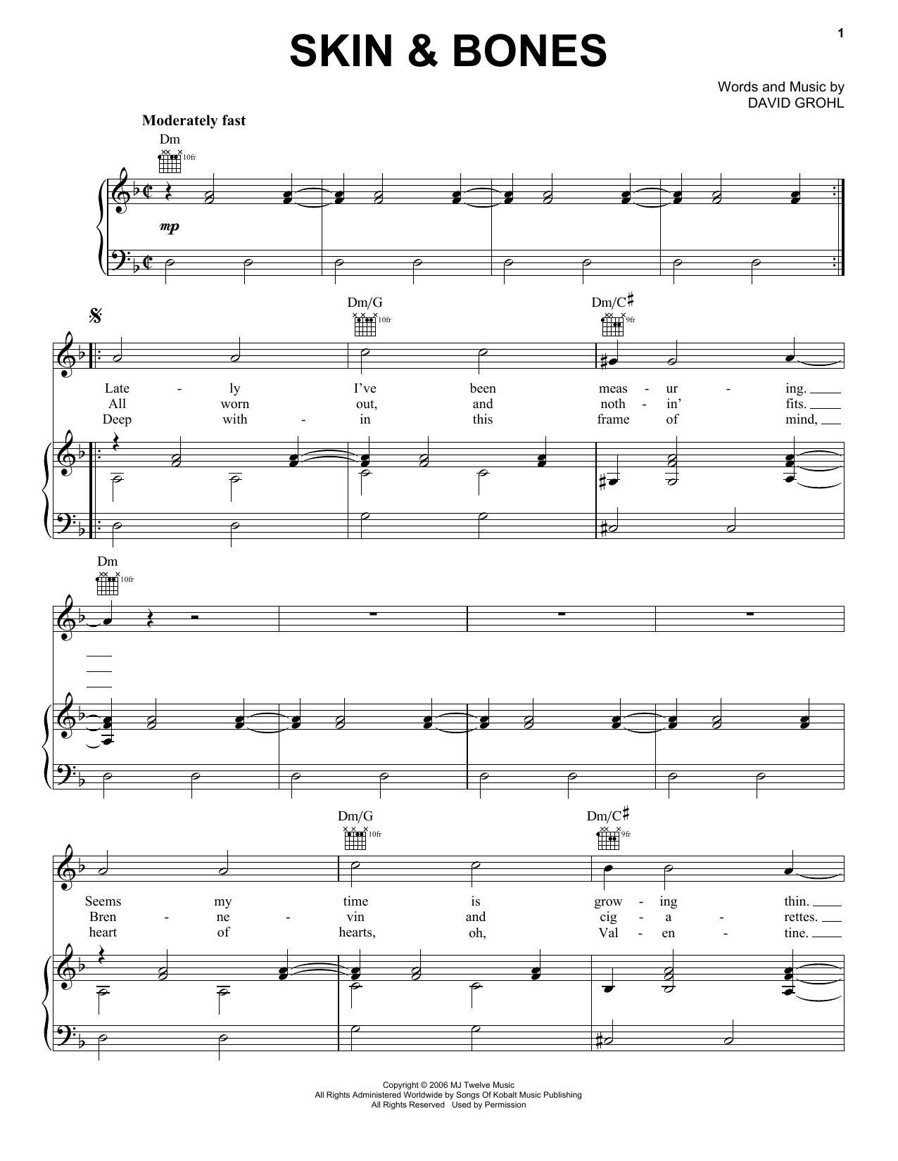 Download Foo Fighters Skin & Bones Sheet Music and learn how to play Piano, Vocal & Guitar Chords (Right-Hand Melody) PDF digital score in minutes