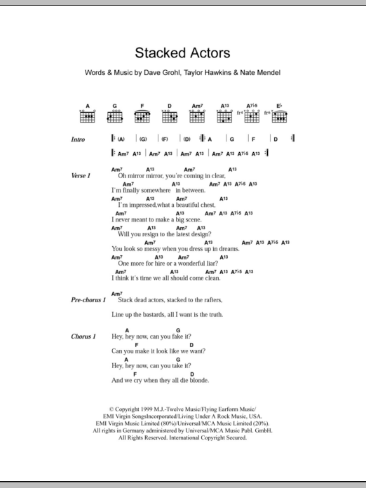 Download Foo Fighters Stacked Actors Sheet Music and learn how to play Lyrics & Chords PDF digital score in minutes