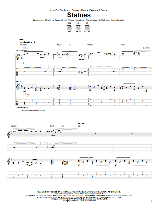 Download Foo Fighters Statues Sheet Music and learn how to play Guitar Tab PDF digital score in minutes