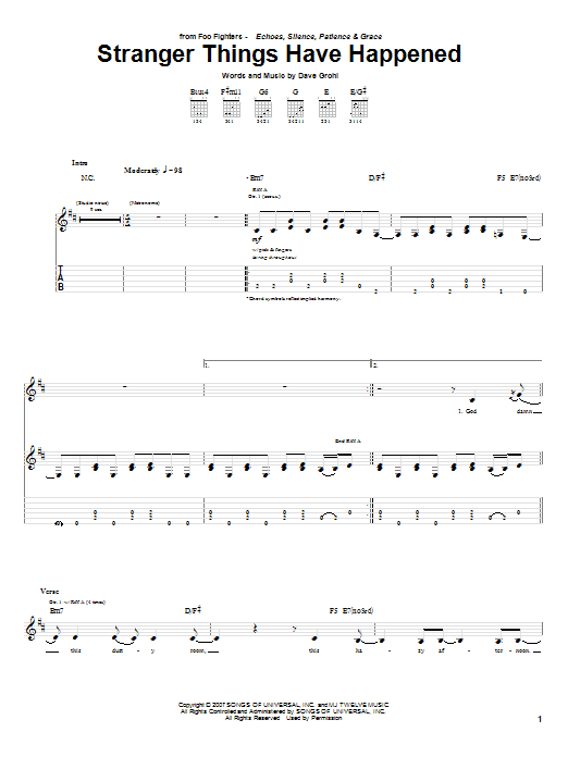 Download Foo Fighters Stranger Things Have Happened Sheet Music and learn how to play Guitar Tab PDF digital score in minutes