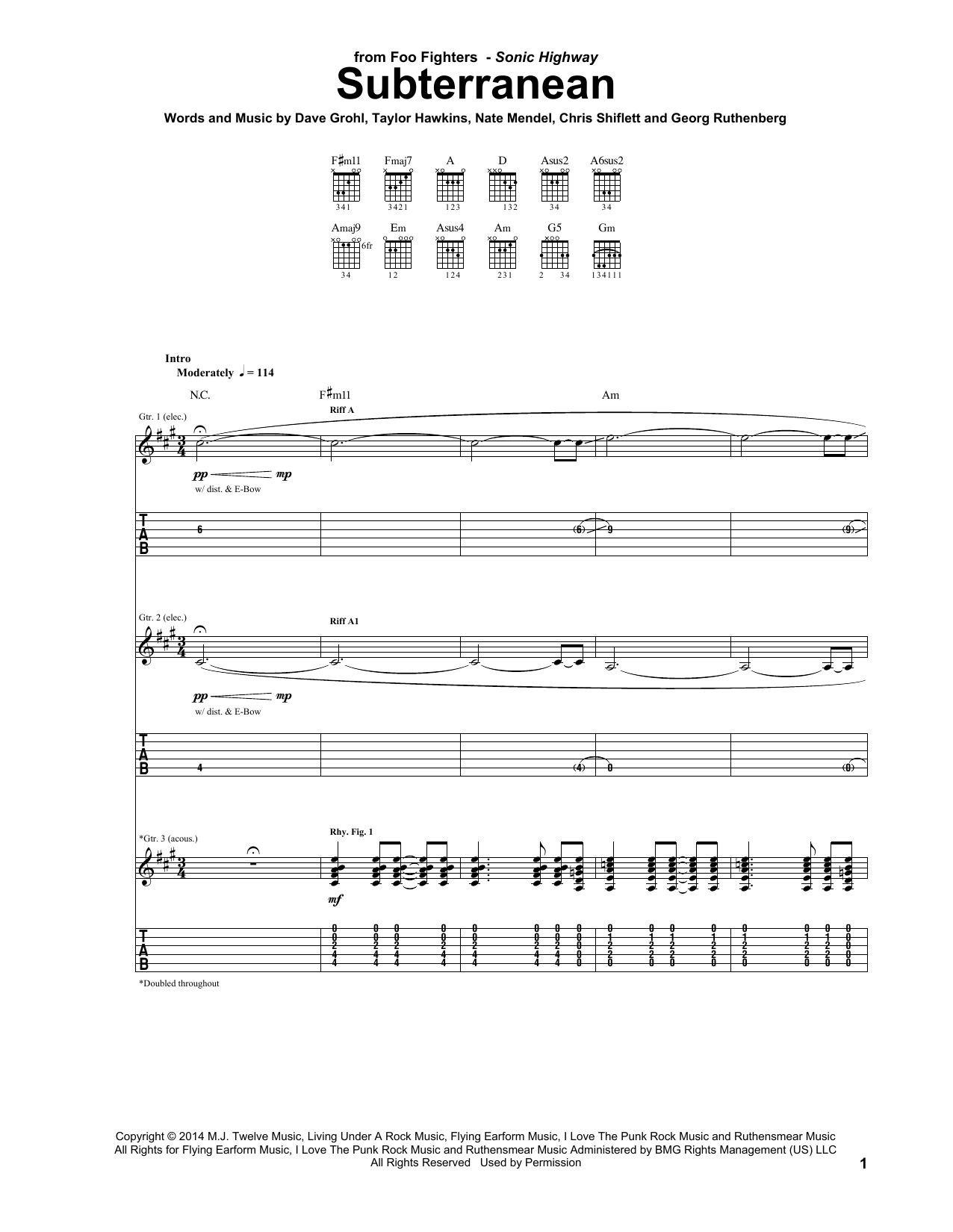 Download Foo Fighters Subterranean Sheet Music and learn how to play Guitar Tab PDF digital score in minutes