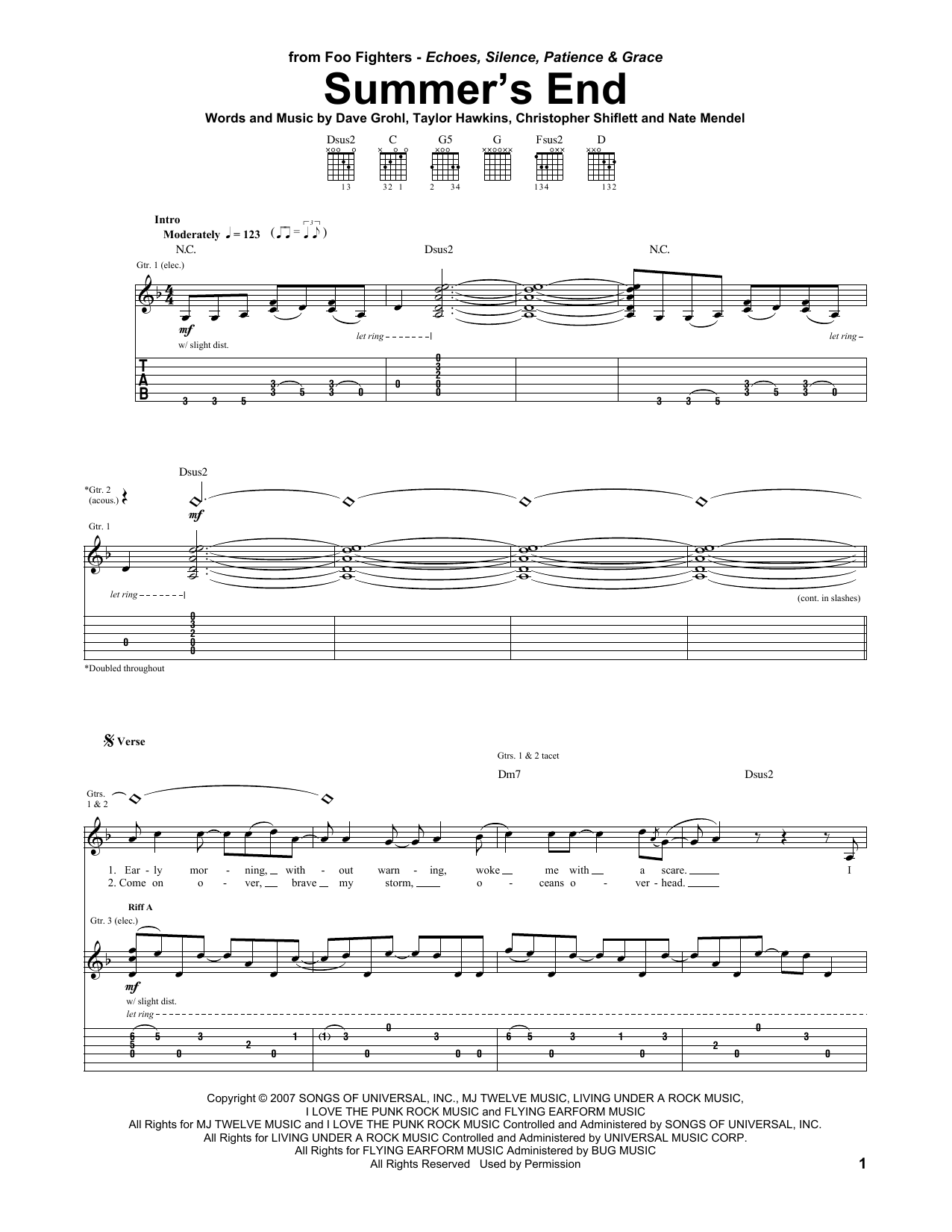 Download Foo Fighters Summer's End Sheet Music and learn how to play Guitar Tab PDF digital score in minutes