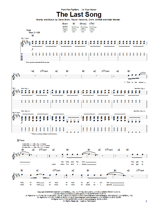 Download Foo Fighters The Last Song Sheet Music and learn how to play Guitar Tab PDF digital score in minutes