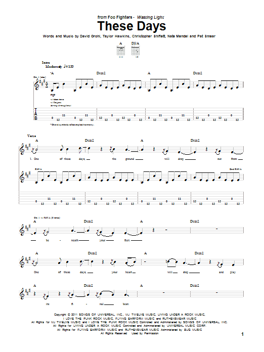 Download Foo Fighters These Days Sheet Music and learn how to play Piano, Vocal & Guitar (Right-Hand Melody) PDF digital score in minutes