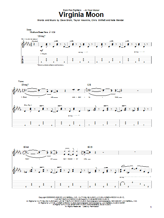 Download Foo Fighters Virginia Moon Sheet Music and learn how to play Guitar Tab PDF digital score in minutes