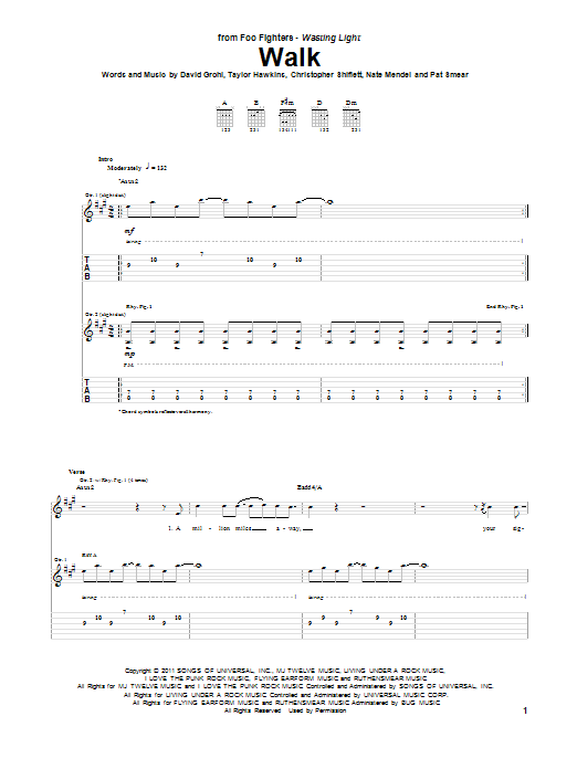 Download Foo Fighters Walk Sheet Music and learn how to play Bass Guitar Tab PDF digital score in minutes