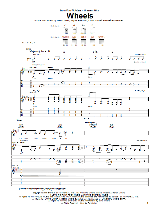 Download Foo Fighters Wheels Sheet Music and learn how to play Lyrics & Chords PDF digital score in minutes