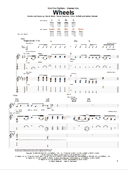 Download Foo Fighters Wheels Sheet Music and learn how to play Guitar Tab PDF digital score in minutes