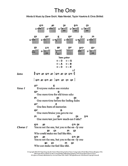Download Foo Fighters The One Sheet Music and learn how to play Lyrics & Chords PDF digital score in minutes