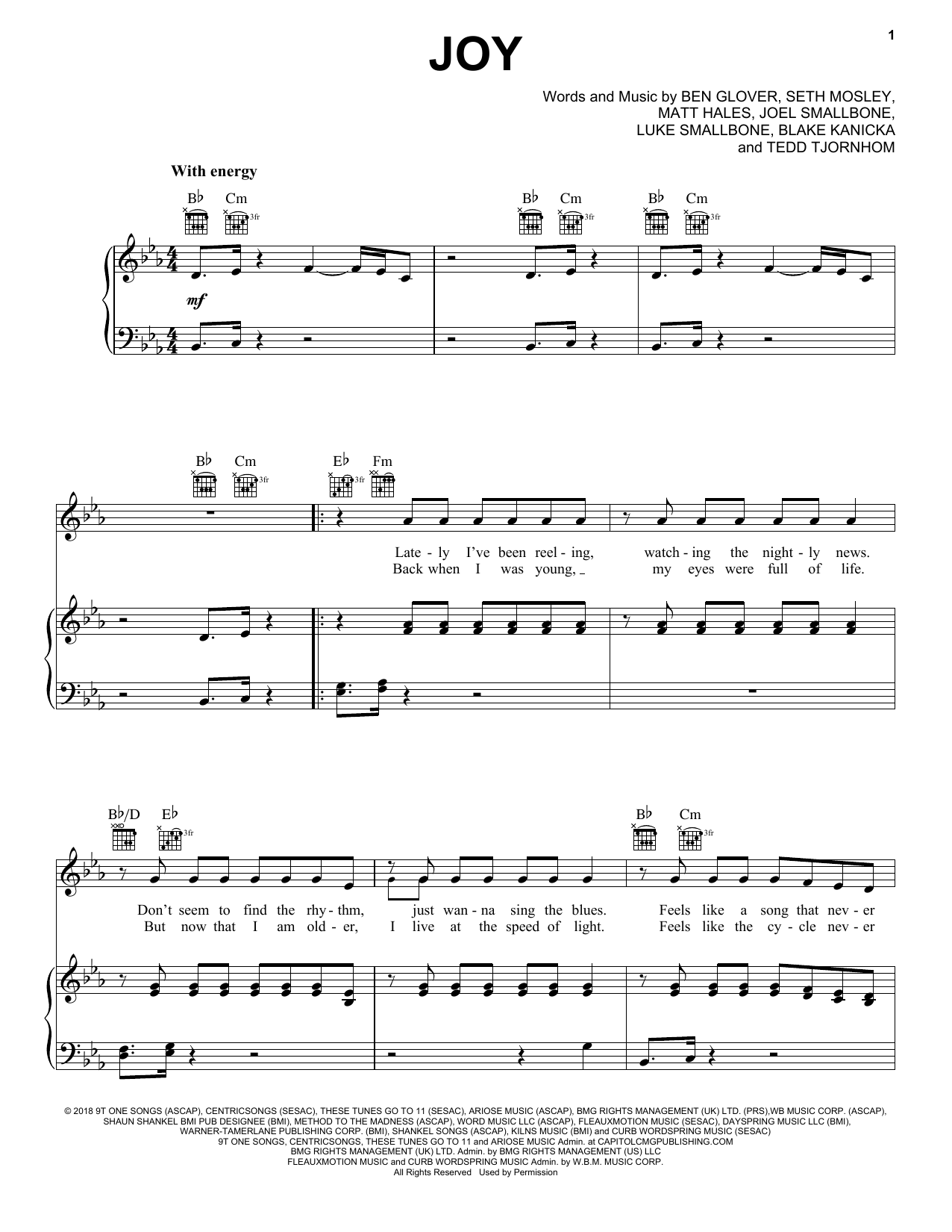 Download Ben Glover Joy Sheet Music and learn how to play Piano, Vocal & Guitar Chords (Right-Hand Melody) PDF digital score in minutes