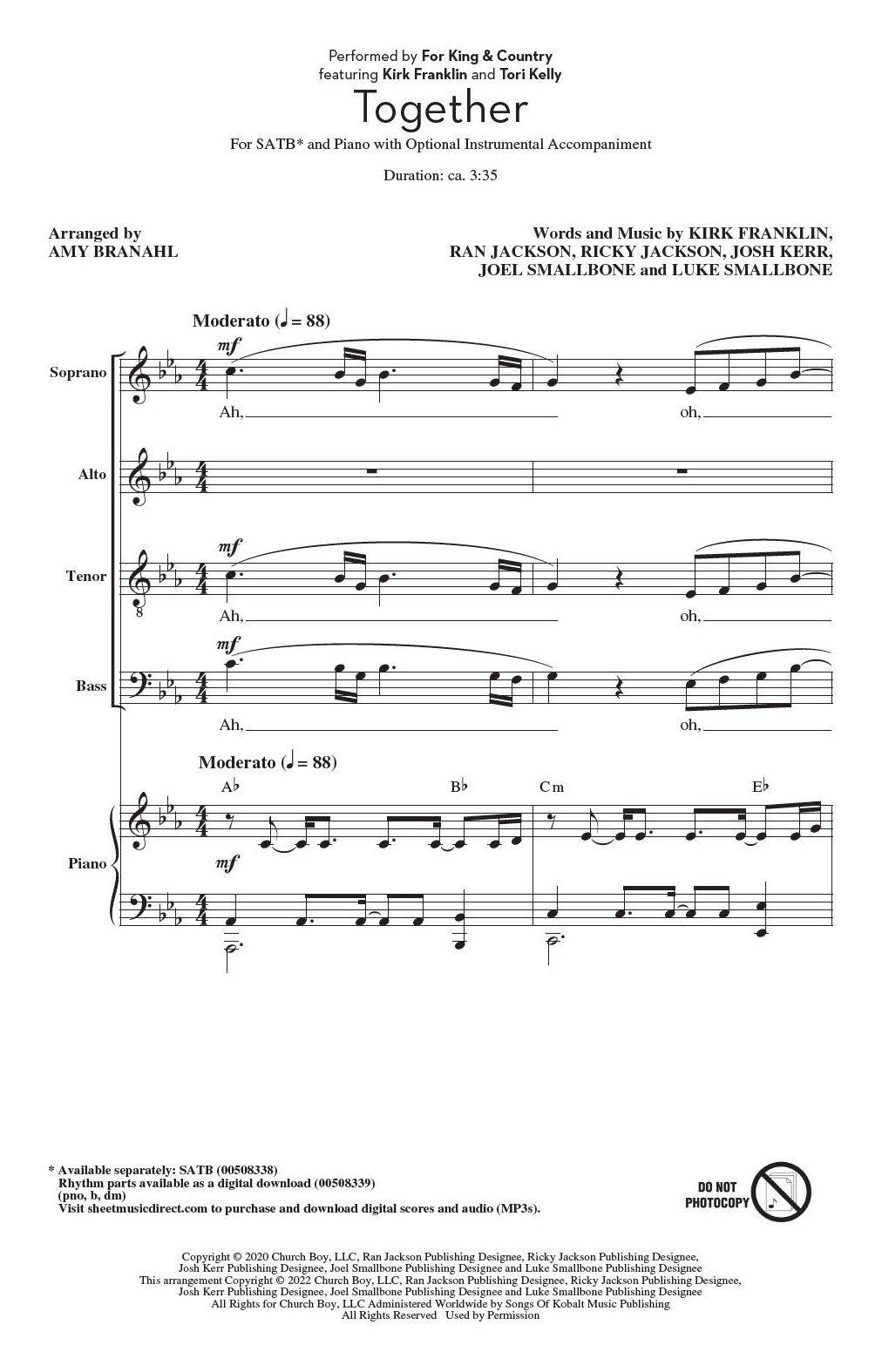 Download for KING & COUNTRY Together (feat. Kirk Franklin and Tori Kelly) (arr. Amy Branahl) Sheet Music and learn how to play SATB Choir PDF digital score in minutes