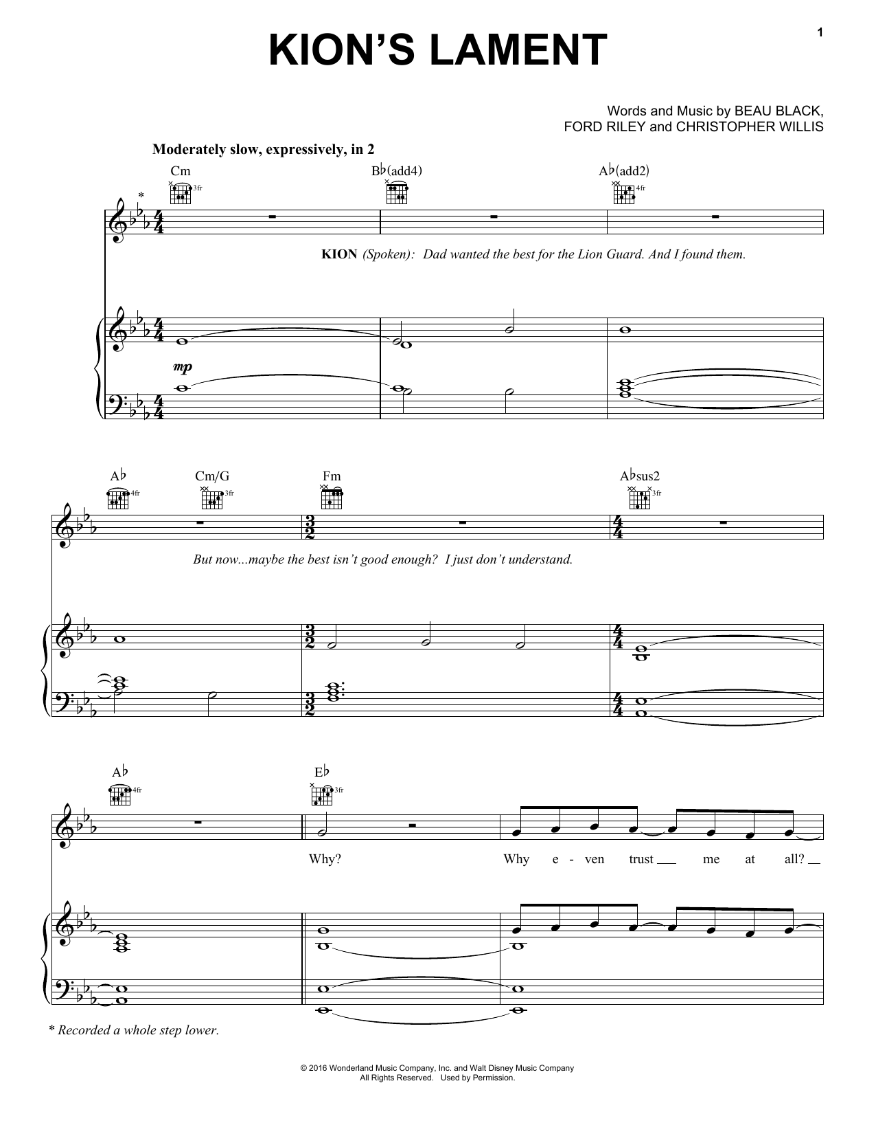 Download Beau Black Kion's Lament Sheet Music and learn how to play Piano, Vocal & Guitar (Right-Hand Melody) PDF digital score in minutes