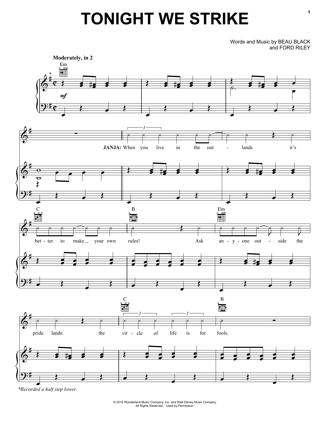 Download Beau Black Tonight We Strike Sheet Music and learn how to play Piano, Vocal & Guitar (Right-Hand Melody) PDF digital score in minutes