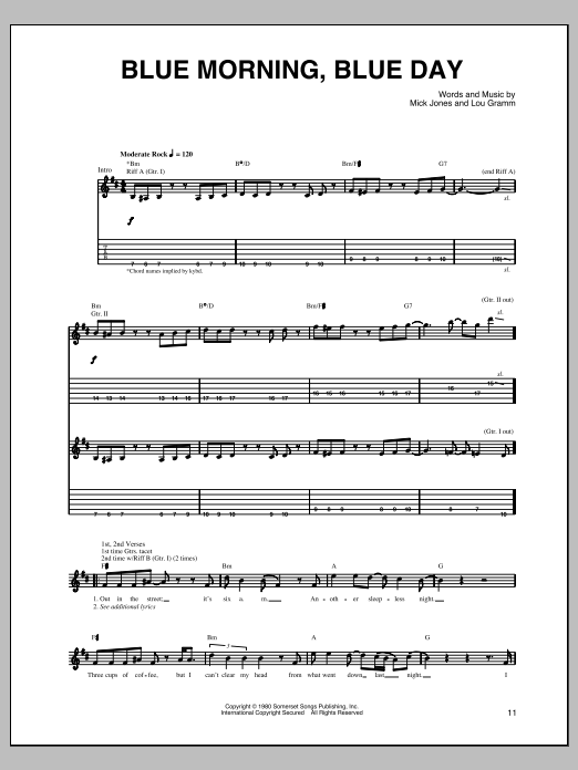 Download Foreigner Blue Morning, Blue Day Sheet Music and learn how to play Guitar Tab PDF digital score in minutes