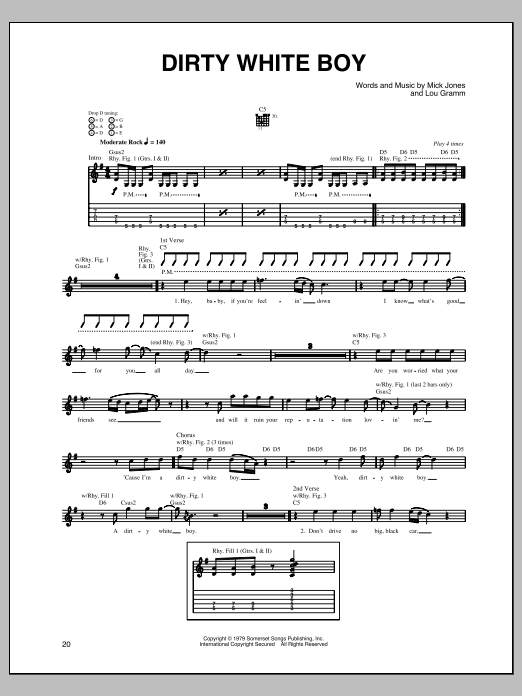 Download Foreigner Dirty White Boy Sheet Music and learn how to play Piano, Vocal & Guitar Chords (Right-Hand Melody) PDF digital score in minutes