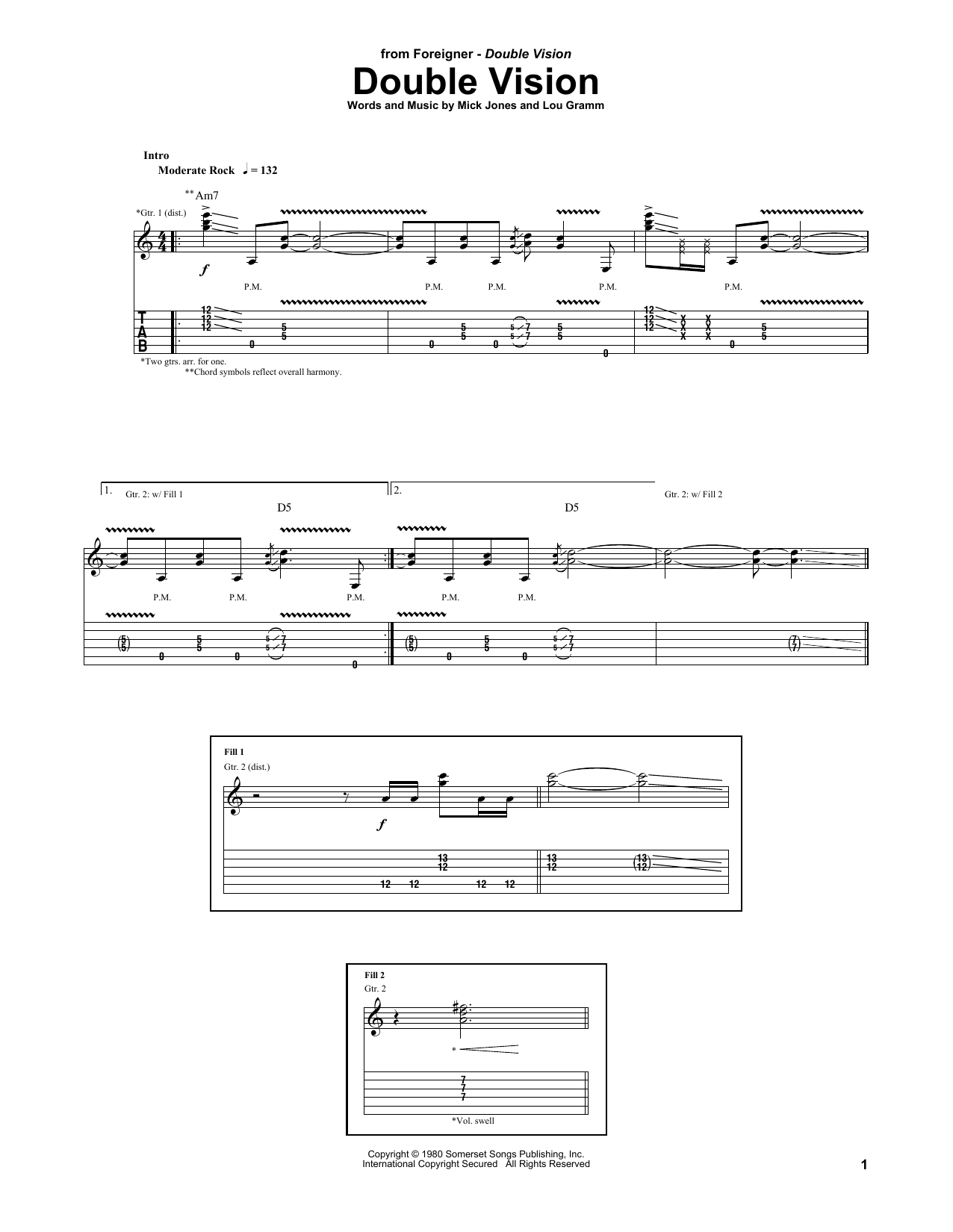 Download Foreigner Double Vision Sheet Music and learn how to play Guitar Tab PDF digital score in minutes