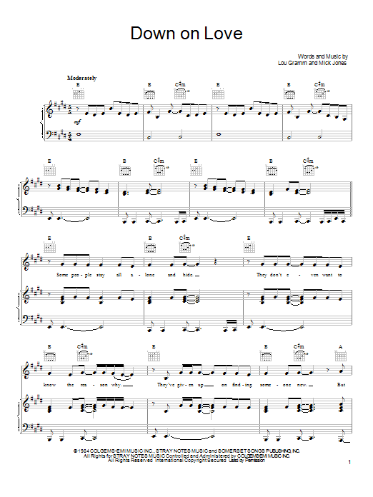 Download Foreigner Down On Love Sheet Music and learn how to play Piano, Vocal & Guitar (Right-Hand Melody) PDF digital score in minutes