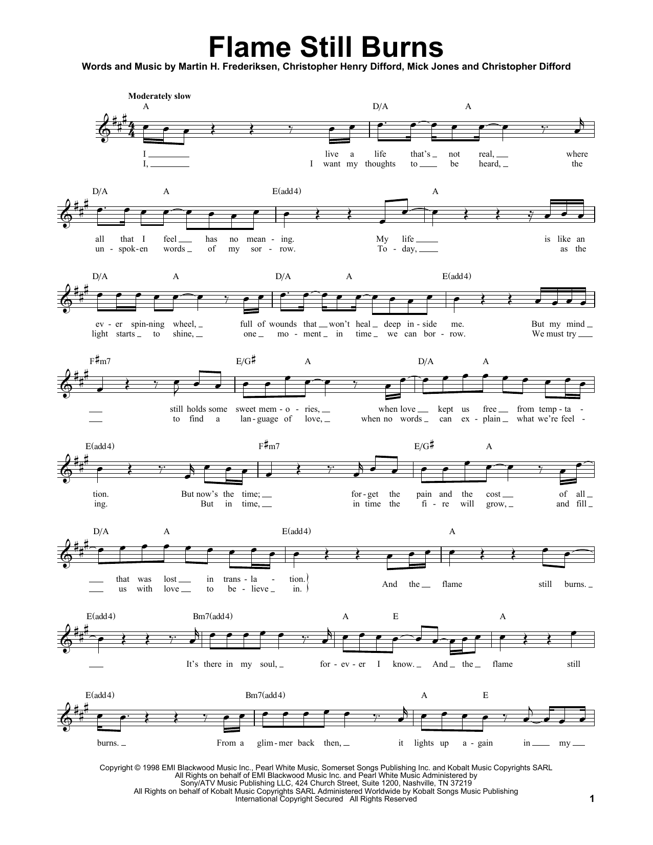 Download Foreigner Flame Still Burns Sheet Music and learn how to play Melody Line, Lyrics & Chords PDF digital score in minutes