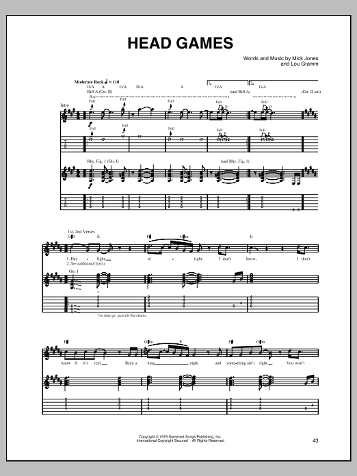 Download Foreigner Head Games Sheet Music and learn how to play Guitar Tab PDF digital score in minutes