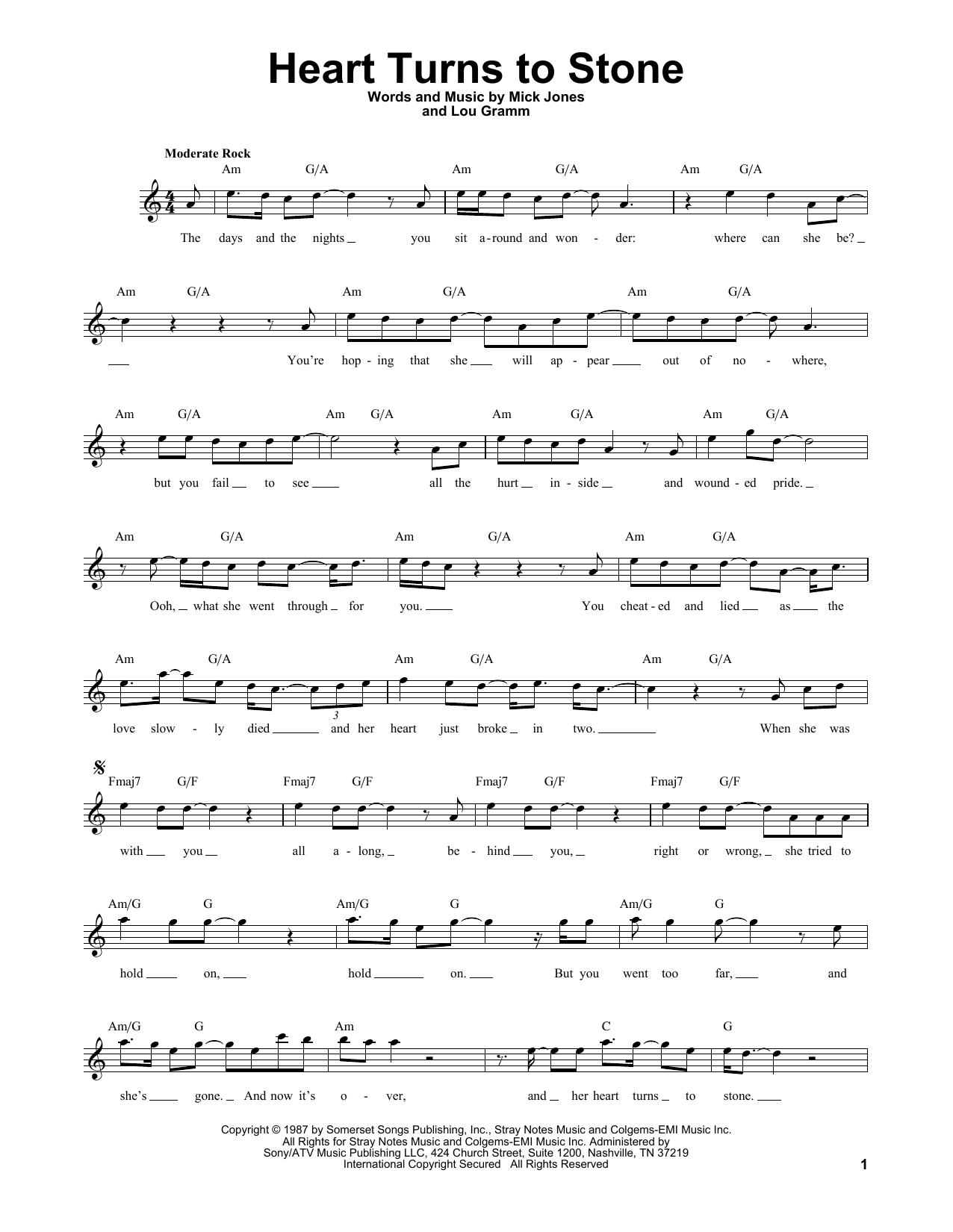 Download Foreigner Heart Turns To Stone Sheet Music and learn how to play Melody Line, Lyrics & Chords PDF digital score in minutes