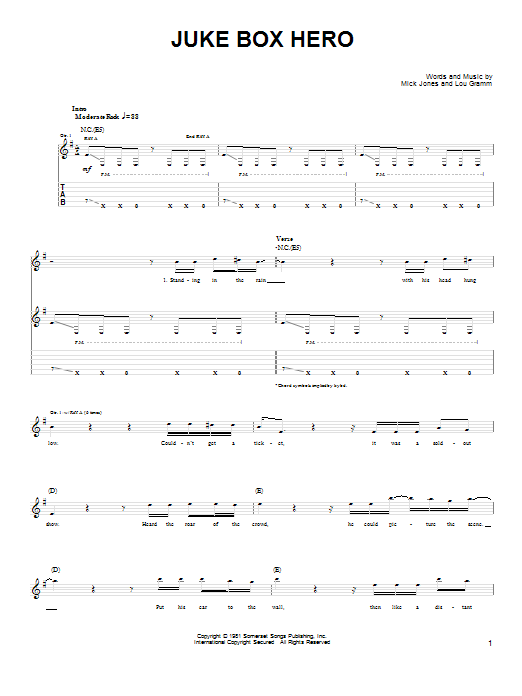Download Foreigner Juke Box Hero Sheet Music and learn how to play Bass Guitar Tab PDF digital score in minutes