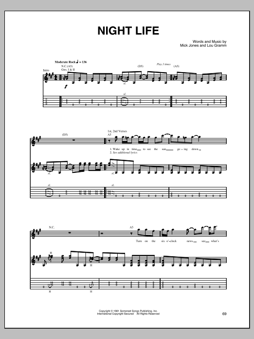 Download Foreigner Night Life Sheet Music and learn how to play Guitar Tab PDF digital score in minutes