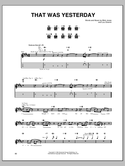 Download Foreigner That Was Yesterday Sheet Music and learn how to play Piano, Vocal & Guitar Chords (Right-Hand Melody) PDF digital score in minutes