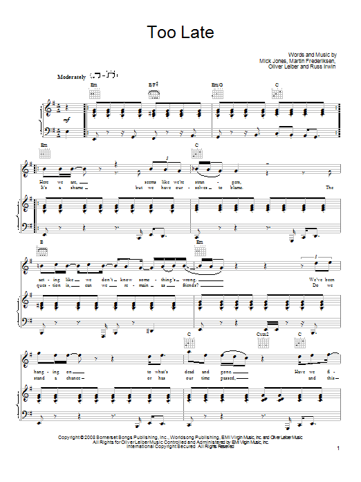 Download Foreigner Too Late Sheet Music and learn how to play Piano, Vocal & Guitar (Right-Hand Melody) PDF digital score in minutes