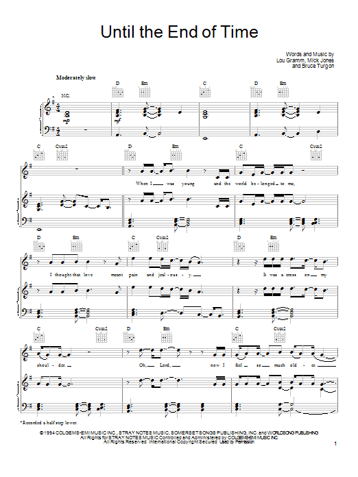 Download Foreigner Until The End Of Time Sheet Music and learn how to play Piano, Vocal & Guitar (Right-Hand Melody) PDF digital score in minutes