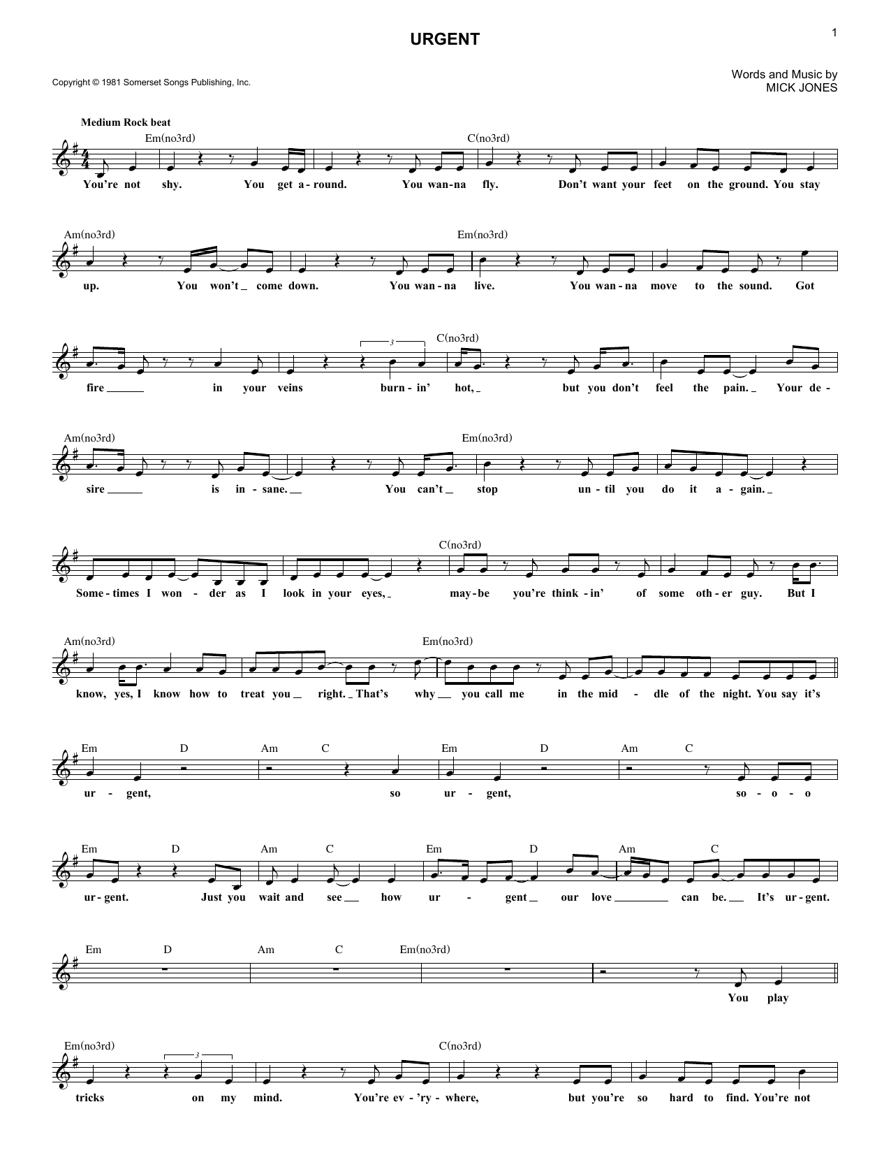 Download Foreigner Urgent Sheet Music and learn how to play Melody Line, Lyrics & Chords PDF digital score in minutes