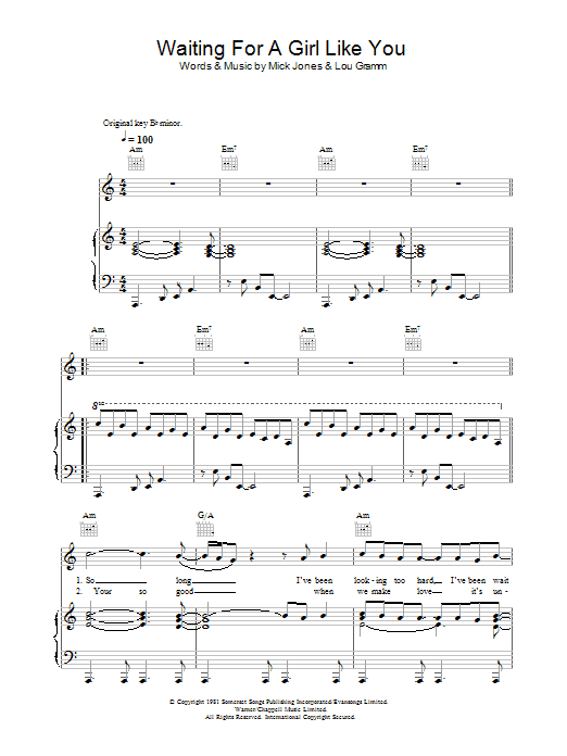 Download Foreigner Waiting For A Girl Like You Sheet Music and learn how to play Piano, Vocal & Guitar (Right-Hand Melody) PDF digital score in minutes