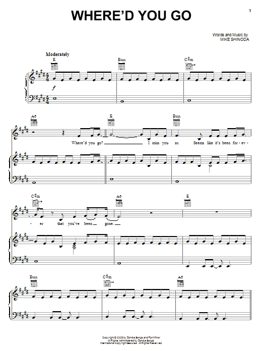 Download Fort Minor Where'd You Go (feat. Holly Brook & Jonah Matranga) Sheet Music and learn how to play Piano, Vocal & Guitar (Right-Hand Melody) PDF digital score in minutes