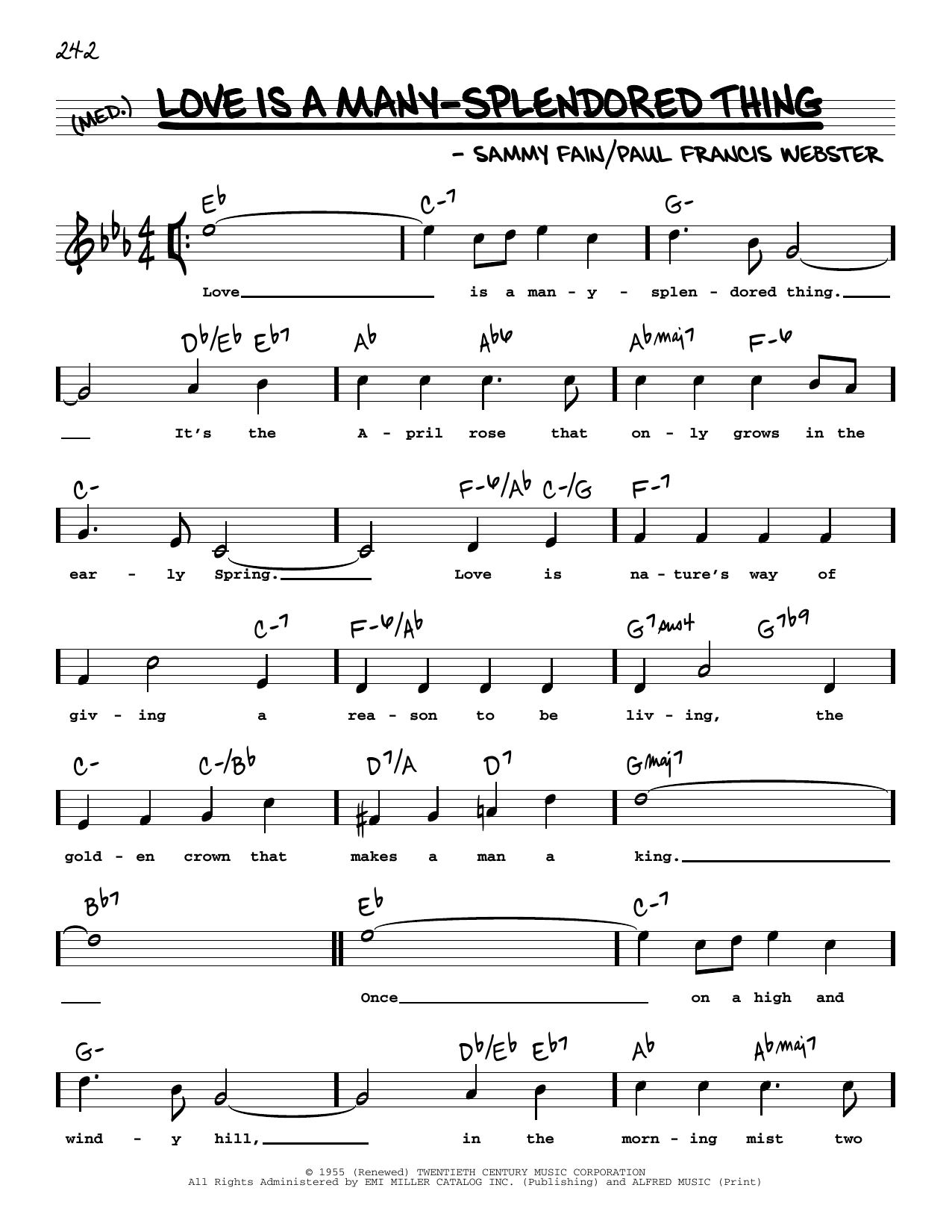 Download Four Aces Love Is A Many-Splendored Thing (High Voice) Sheet Music and learn how to play Real Book – Melody, Lyrics & Chords PDF digital score in minutes